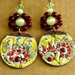 Earrings NWOT flowers Artisan green, red Copper enamel & glass beads  2.5” drop